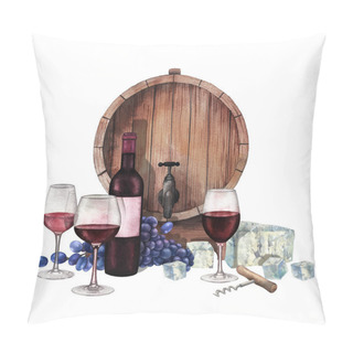 Personality  Watercolor Glasses Of Red Wine, Bottle, Grapes, Barrel, Cheese And Corkscrew. Pillow Covers
