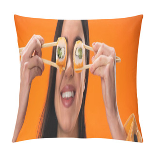 Personality  Cheerful Brunette Woman Covering Eyes With Fresh Sushi Rolls Isolated On Orange, Banner Pillow Covers