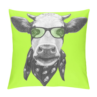 Personality  Portrait Of Cow With Glasses And Scarf.  Pillow Covers