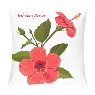 Personality  Hibiscus Flower  In Realistic Hand-drawn Style Isolated On White Background. Pillow Covers