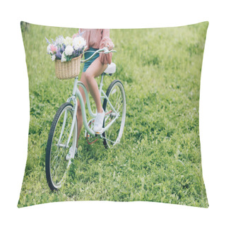 Personality  Partial View Of Woman On Retro Bicycle With Wicker Basket Full Of Flowers In Forest Pillow Covers