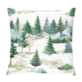 Personality  Mountain Landscape Seamless Pattern. Watercolor Illustration. Hand Drawn Realistic Wild Nature Pine, Mountain Scene Pattern. Green Forest Endless Element. Northern Nature On White Background Pillow Covers