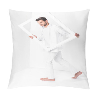 Personality  Handsome Barefoot Adult Man In Total White With Frame  Pillow Covers