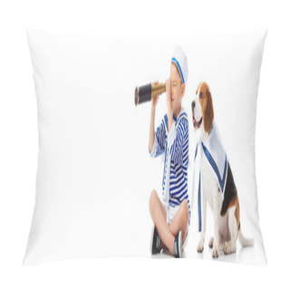 Personality  Panoramic Shot Of Smiling Boy In Sailor Suit Looking Through Spyglass And Beagle Dog On White Pillow Covers