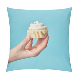 Personality  Partial View Of Woman Holding Tasty Cupcake On Blue Background Pillow Covers