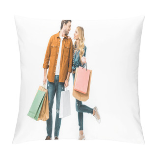 Personality  Couple Holding Colorful Shopping Bags And Looking At Each Other Isolated On White Pillow Covers