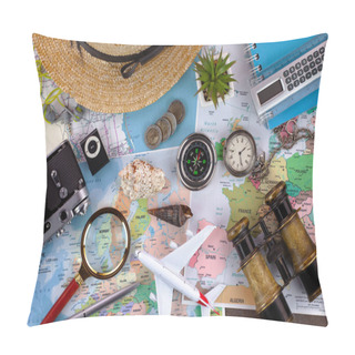 Personality  Items And Accessories For The Traveler On The Old Background On The Table Pillow Covers