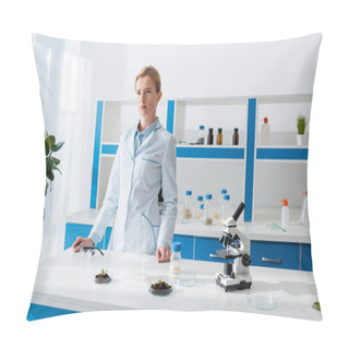 Personality  Attractive Biologist In White Coat Looking Away In Lab  Pillow Covers