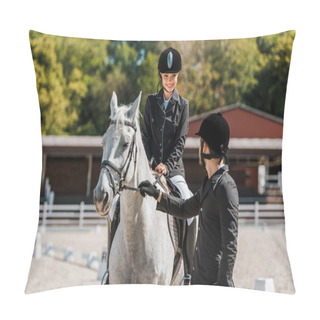 Personality  Male Equestrians Holding Horse Halter, Female Jockey Sitting On Horse At Horse Club Pillow Covers