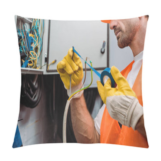 Personality  Cropped View Of Electrician Using Insulating Tape While Fixing Wires Of Electric Panel Pillow Covers