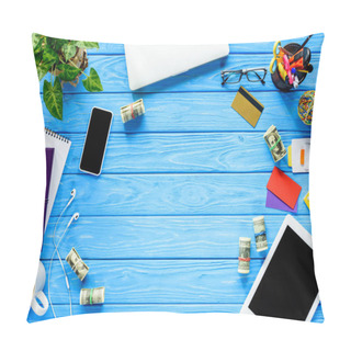 Personality  Workplace With Money And Gadgets On Blue Wooden Table Pillow Covers