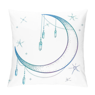 Personality  Blue Crescent Moon With Moonstone Gem Pendants And Stars Vector Illustration. Hand Drawn Boho Style Art Print Poster Design, Astrology, Alchemy, Magic Symbol Over White Background Pillow Covers