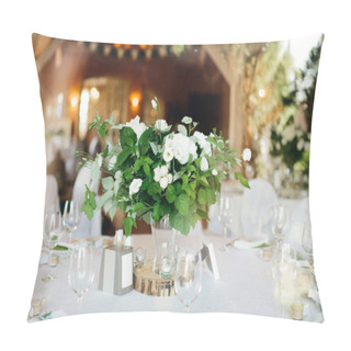 Personality  Bouquet Of White Flowers With Greenery, As Table Decoration For Festive Dinner. Celebration In Honor Of Wedding Or Birthday. Selective Focus. Pillow Covers