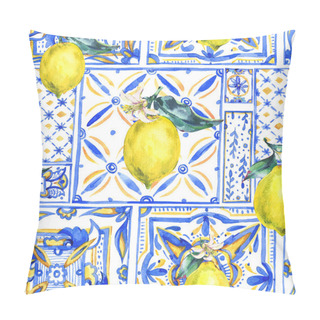 Personality  Watercolor Lemon Ornament Seamless Pattern, Fruit Hand Drawn Yellow And Blue Print Texture. Vintage Summer Wallpaper. Pillow Covers