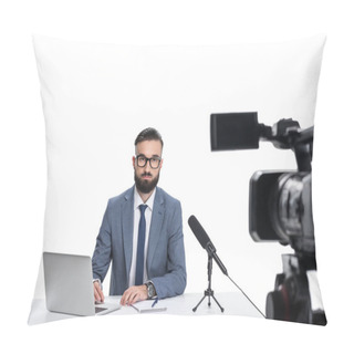 Personality  Newscaster With Laptop And Microphone Pillow Covers