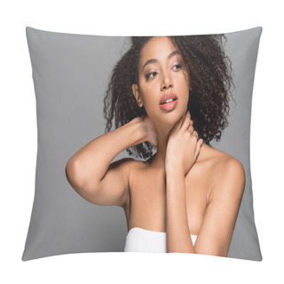 Personality  Portrait Of Attractive Curly African American Girl, Isolated On Grey Pillow Covers