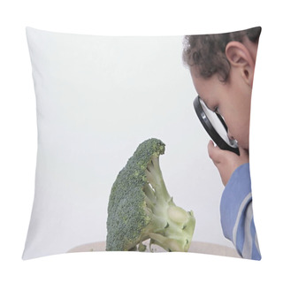 Personality  Boy Looking At Broccoli With Magnifying Glass On Grey Background  Pillow Covers