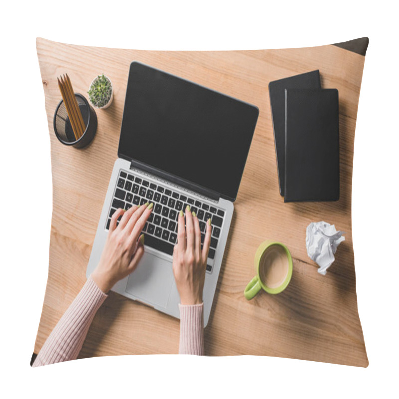 Personality  cropped shot of businesswoman typing on laptop at workplace pillow covers