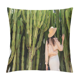 Personality  Back View Of Woman In Straw Hat Near High Cactuses Pillow Covers