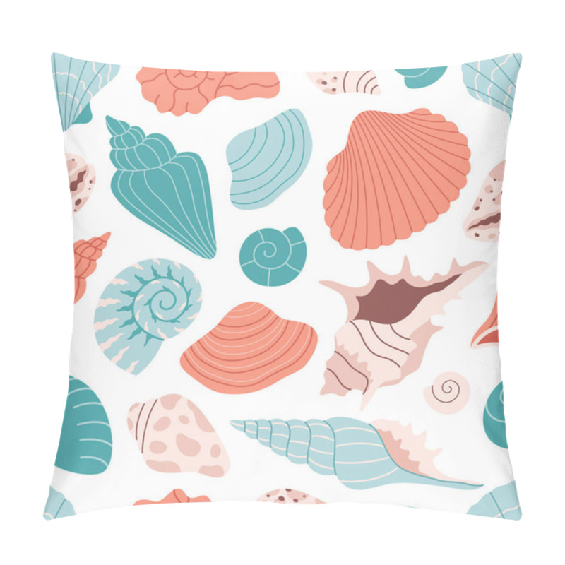 Personality  Seamless Pattern With Sea Shells, Mollusks, Sea Snails. Tropical Beach Shells. Summer Seamless Pattern. Vector Illustration In Flat Style Pillow Covers