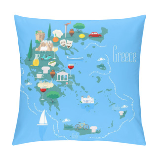 Personality  Map Of Greece With Islands  Vector Illustration, Design Element. Icons With Greek Landmarks And Touristic Attractions. Travel To Greece Concept Image Pillow Covers