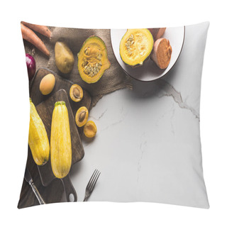 Personality  Top View Of Wooden Cutting Boards And Plate With Vegetables And Fruits Near Fork And Knife On Marble Surface With Hessian Pillow Covers