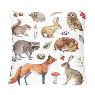 Personality  Forest Animals Hand Drawn Set. Realistic Wildlife Animals And Natural Elements Collection. Raccoon, Bunny, Rabbit, Brown Owl, Red Fox, Squirrel Forest Fern And Mushrooms Elements. White Background. Pillow Covers