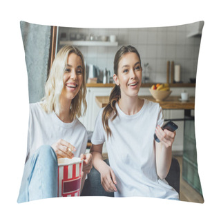 Personality  Happy Woman Holding Remote Controller And Watching Movie With Sister  Near Tasty Popcorn  Pillow Covers