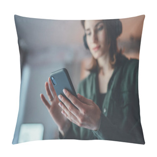 Personality  Young Handsome Girl Relaxing At Modern Home,wearing Casual Clothes,playing Music On Smartphone And Listening Audio Books In Wireless Headphones.Blurred Background. Pillow Covers