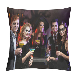 Personality  Young People In Different Costumes Drinking Cocktails At Halloween Party Pillow Covers