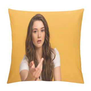 Personality  Selective Focus Of Beautiful Spring Woman Pointing At You Isolated On Yellow Pillow Covers