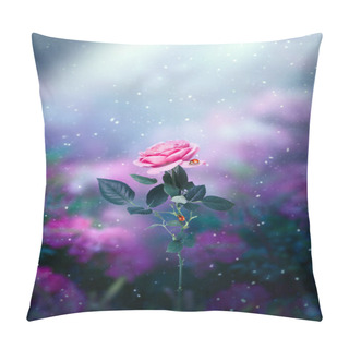 Personality  Pink Rose Flower And Two Ladybugs In Fantasy Garden In Fairy Tale Elf Forest, Magical Scene With Fairytale Glade On Mysterious Midnight Blue Background, Magic Woods In Night Darkness With Moon Rays. Pillow Covers