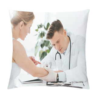 Personality  Handsome Dermatologist Examining Hand Of Attractive Woman While Holding Dermatoscope  Pillow Covers