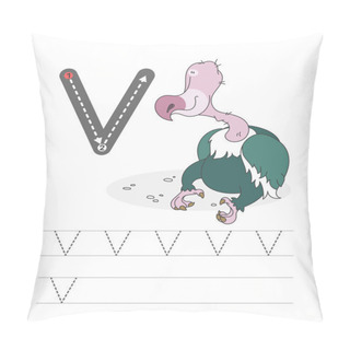 Personality  Learning To Write A Letter - V. A Practical Sheet From A Set Of Exercises Game For Kids. Cartoon Funny Bird With Letter. Spelling The Alphabet. Child Development And Education. Vulture - Vector. Pillow Covers