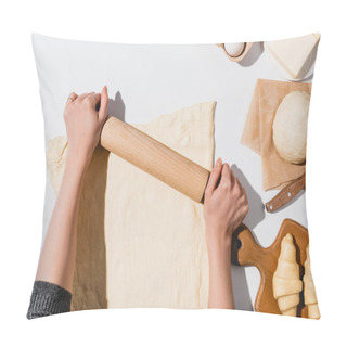 Personality  Cropped View Of Woman Rolling Out Dough For Croissants On White Background Pillow Covers