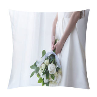 Personality  Cropped View Of Bride In Traditional Dress Holding Wedding Bouquet Pillow Covers