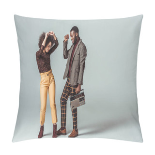 Personality  Smiling African American Retro Styled Couple Dancing With Vintage Radio On Grey Pillow Covers