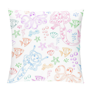 Personality Seamless Pattern With Doodles Of Mermaids And Other Sea Creatures Pillow Covers