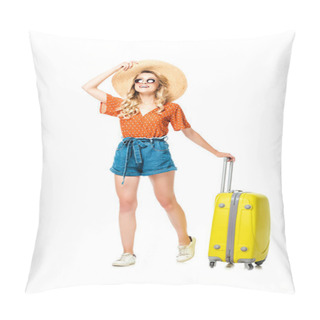 Personality  Young Woman In Sunglasses And Straw Hat With Yellow Suitcase Isolated On White Pillow Covers