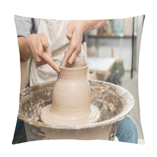 Personality  Cropped View Of Young Female Artisan In Apron Making Vase From Wet Clay And Working With Spinning Pottery Wheel In Blurred Ceramic Workshop, Pottery Creation Process Pillow Covers