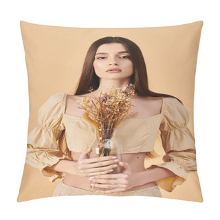 Personality  A Young Woman With Long Brunette Hair Poses In A Summer Outfit, Holding A Vibrant Bouquet Of Flowers. Pillow Covers