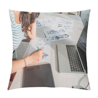 Personality  Cropped View Of Illustrator Drawing Storyboard Sketches In Studio  Pillow Covers