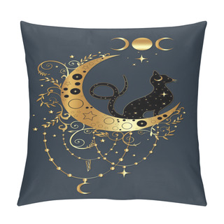 Personality  Mystical Black Cat Over Celestial Crescent Moon And Triple Goddess, Witchcraft Symbol, Witchy Esoteric Gold Logo. Vector Golden Luxury Wiccan Clipart In Boho Style Isolated On Blue Background Pillow Covers