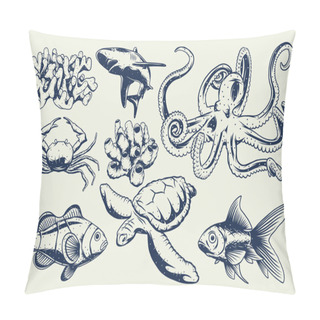 Personality  Isolated Set Of Illustrations Of A Shark, Little Fish, Corals, Octopus And Turtle. Pillow Covers