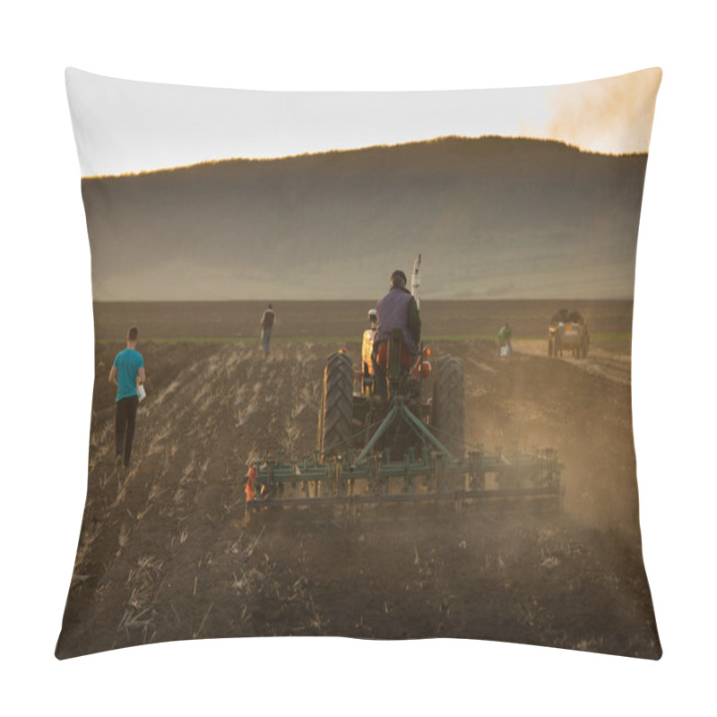 Personality  Family Working The Field With Hand And Tractor. People Doing Cla Pillow Covers