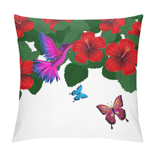 Personality  Floral Design Background. Hibiscus Flowers With Bird, Butterflie Pillow Covers
