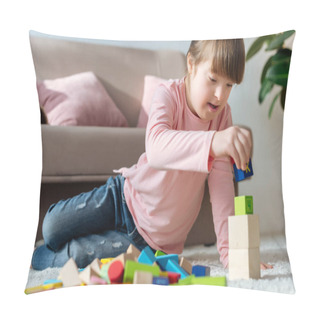 Personality  Child With Down Syndrome Playing With Toy Cubes On Floor In Cozy Room Pillow Covers