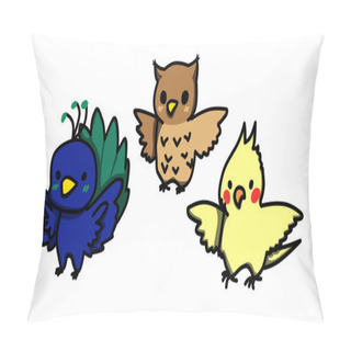 Personality  Set Of Cartoon Styled Cute Birds. Peacock. Owl. Cockatiel Pillow Covers