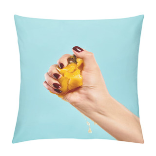 Personality  Unknown Young Woman Squeezing Delicious Fresh Persimmon In Her Hand On Vibrant Blue Backdrop Pillow Covers