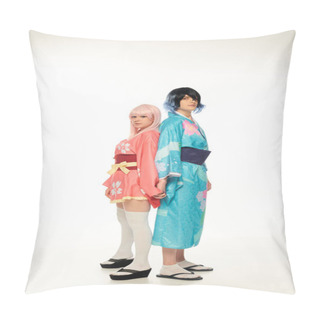 Personality  Young Cosplayers In Colorful Kimonos And Wigs Standing Back To Back And Holding Hands On White Pillow Covers